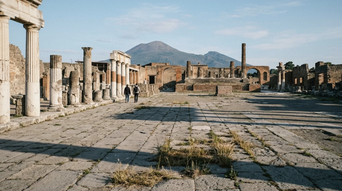 The Forum of Pompeii almost empty at nine in the morning with Mount Vesuvius behind it on a Pompeii tour from Sorrento, Campania, Italy