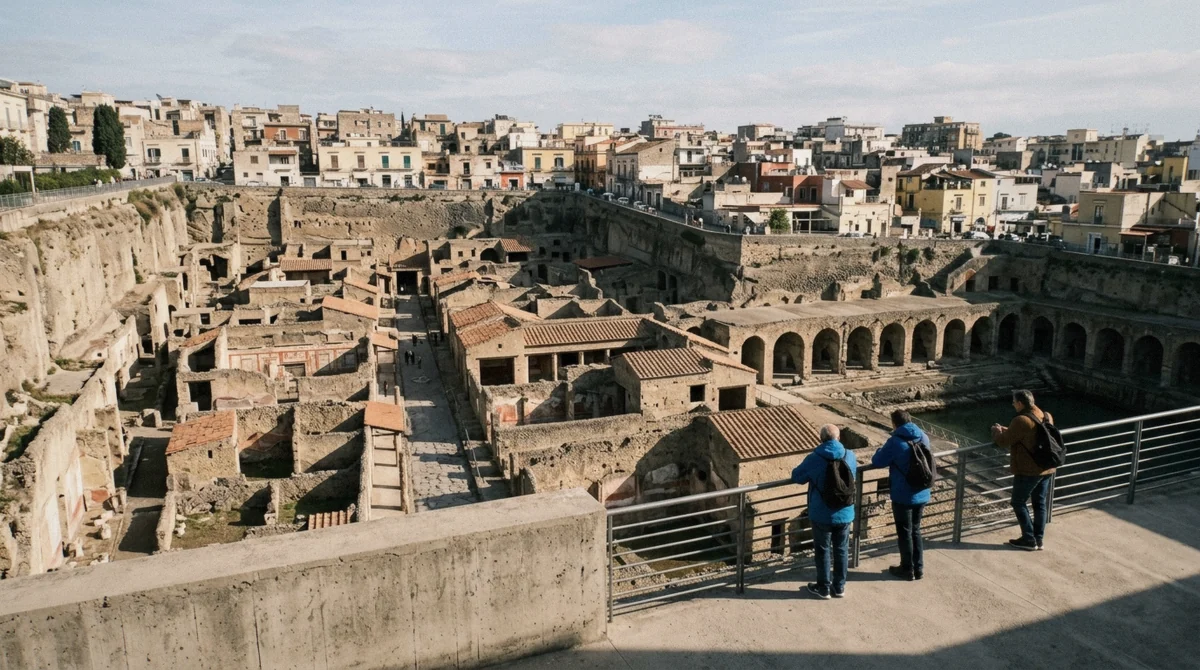 Intact two-storey Roman houses and arched boat chambers in the Herculaneum excavation seen from the terrace on a Pompeii and Herculaneum tour from Sorrento, Campania, Italy