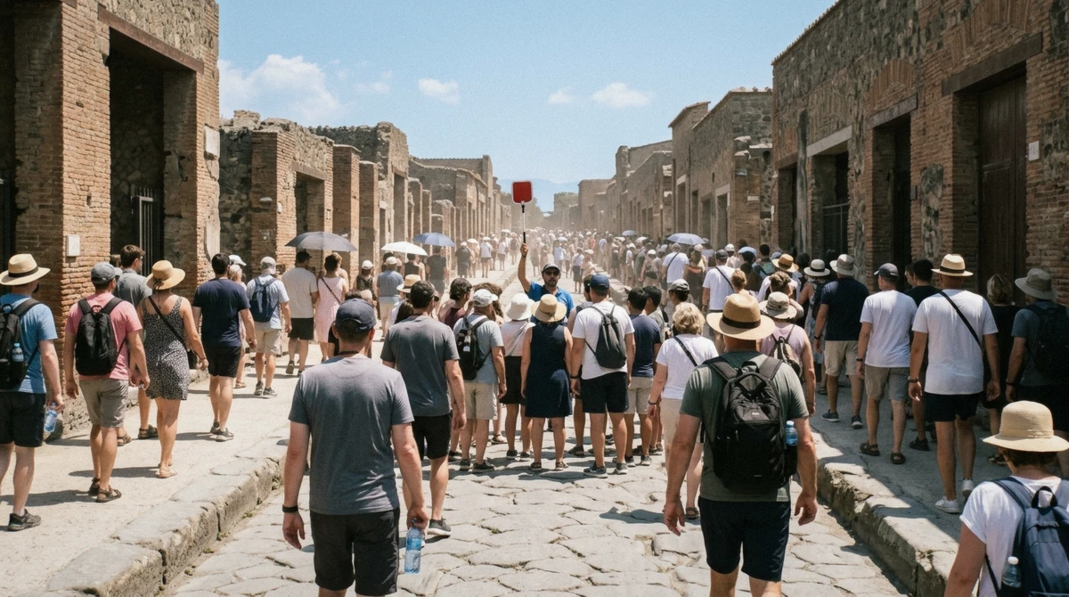 Visitors in sun hats walking down the basalt paving of Via dell'Abbondanza at midday on a Pompeii tour from Sorrento, Campania, Italy