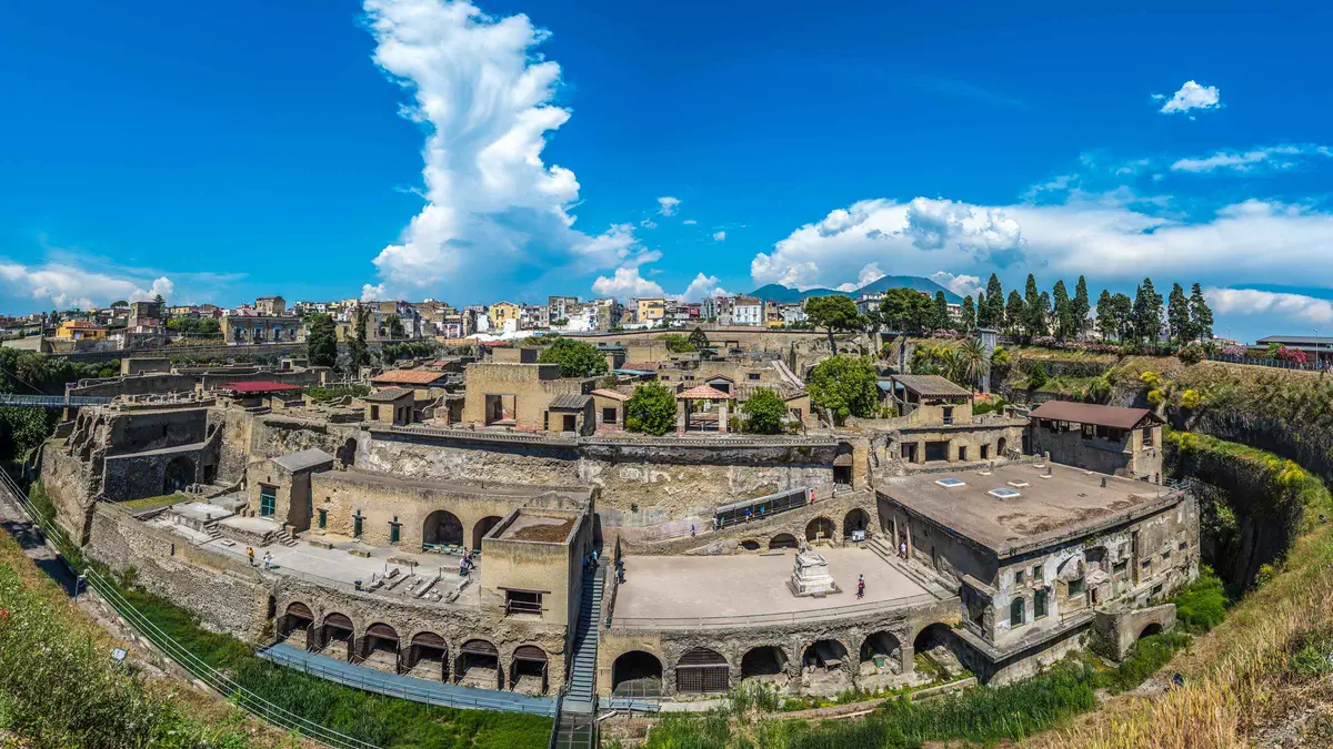 Intact upper storeys and carbonised wooden beams in a house at Herculaneum, the site visited on the Herculaneum skip-the-line guided tour from Sorrento, Campania, Italy