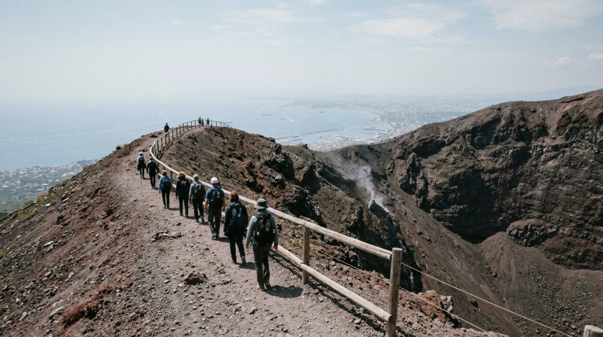 Walkers strung out along the cinder path below the Mount Vesuvius crater rim on a Pompeii and Vesuvius tour from Sorrento, Campania, Italy