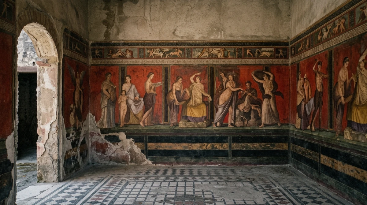 The red-ground fresco frieze inside the Villa of the Mysteries, the villa outside the walls that no Pompeii tour from Sorrento includes, Campania, Italy